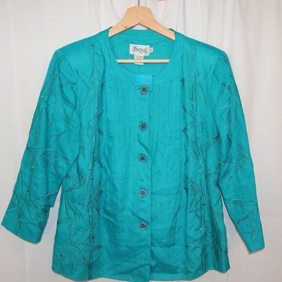 J Song 100% Linen Jacket Embroidery 3/4 Sleeves Button Up No Collar Size 10 - Picture 12 of 15